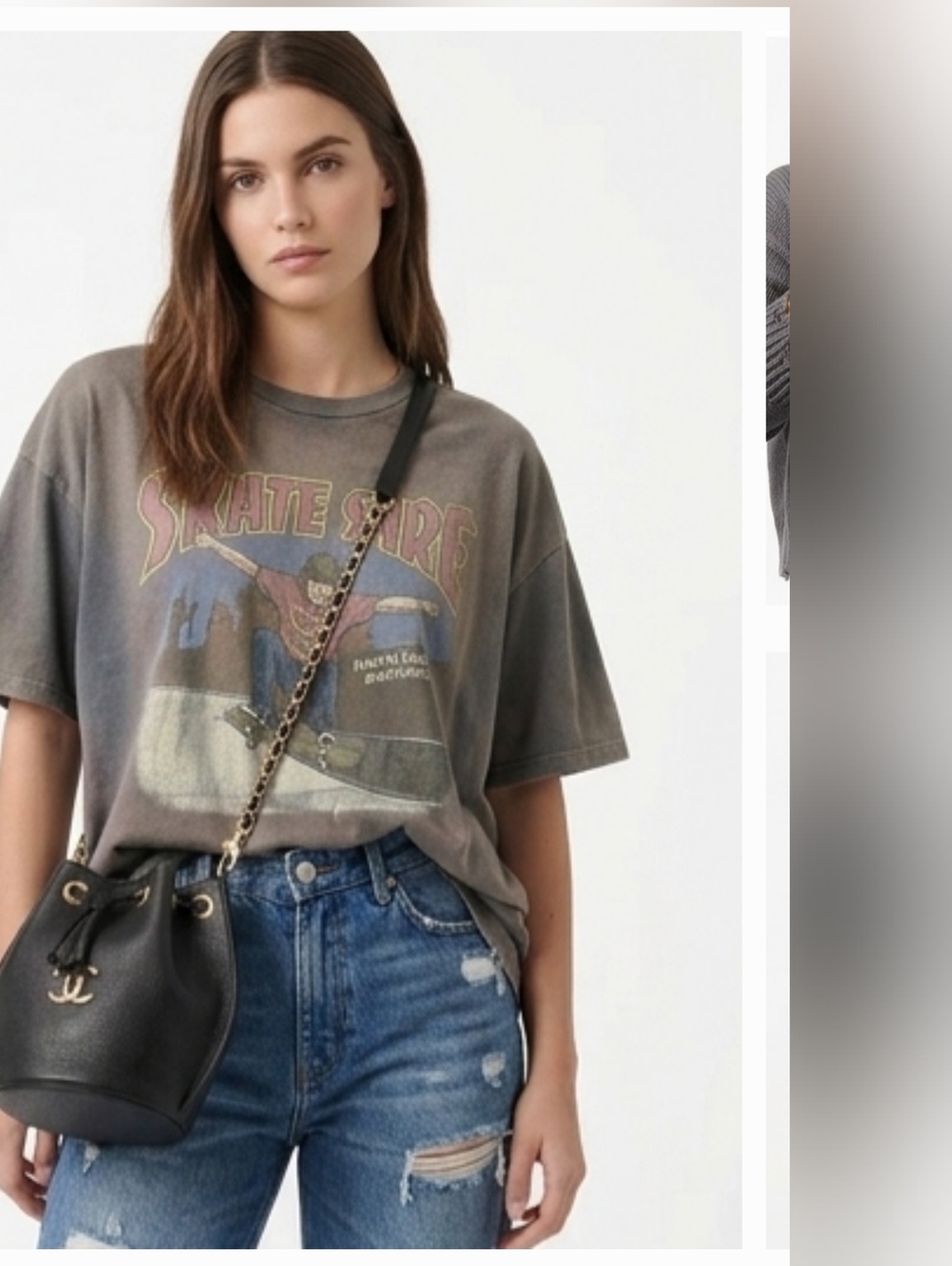 Black Leather Drawstring Bucket Bag with Chain Strap - Picture 3 of 10